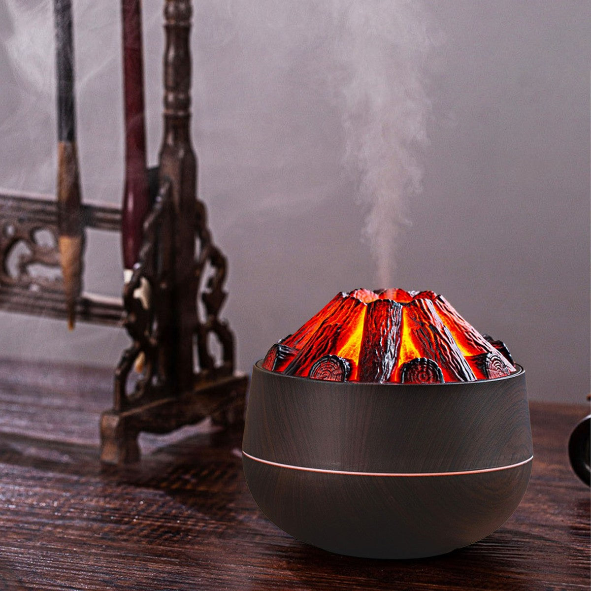 Charcoal Flame Humidifier Aromatherapy Essential Oil Diffuser 300Ml Mist Ultrasonic Humidifier for Bedroom Office Night Light