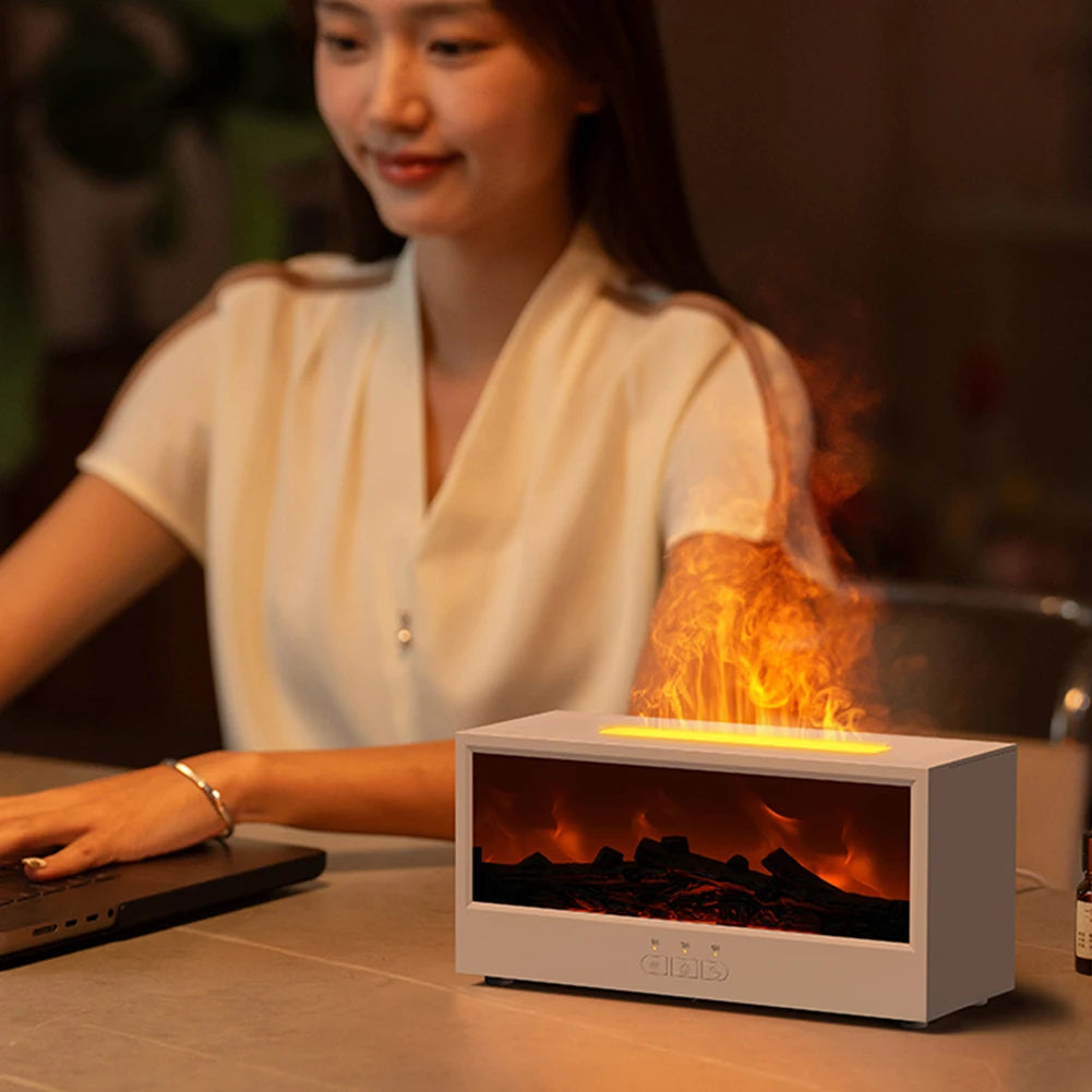 Dynamic Flame Fireplace Air Humidifier Waterless Auto-Off Aroma Essential Oil Diffuser with Remote & Realistic Fireplace Lights